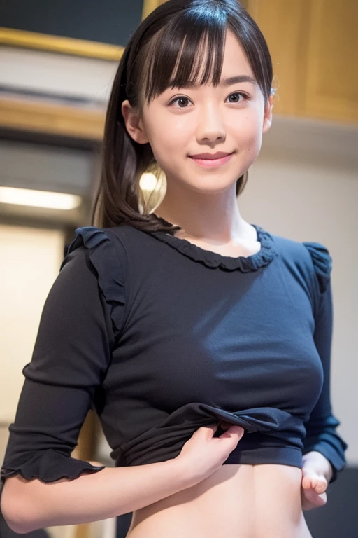 a closeup, masterpiece, top-quality, FULL ANATOMY、Raw foto, Photorealsitic、(Cute little face:1.8)、(Very cute smile:1.8)、(with round face:1.9)、(She has a cute face like an idol、double tooth:1.2), A dark-haired、depth of fields, hight resolution, ultra-detailliert, finely detail, ighly detailed, extremely detailed eye and face, Realistic pupils, foco nítido, Cinematic lighting、Big Bust、19-year-old woman、One lady、sexy pose、 bob cuts、Curly hair、Patsun bangs、Schoolgirl Uniform、Very detailed 8k wallpaper、Plaid pleated skirt、Show me your whole body、Plump panties、Cute panties in light colors、White Sox、(Panties are visible from the skirt、Lift the hem of the skirt with both hands、Showing her panties to the camera)、is standing、Angle from below、(Thigh close-up、Nice figure、big breasts thin waist、Kubire)、depth of fields、Bokeh in the background