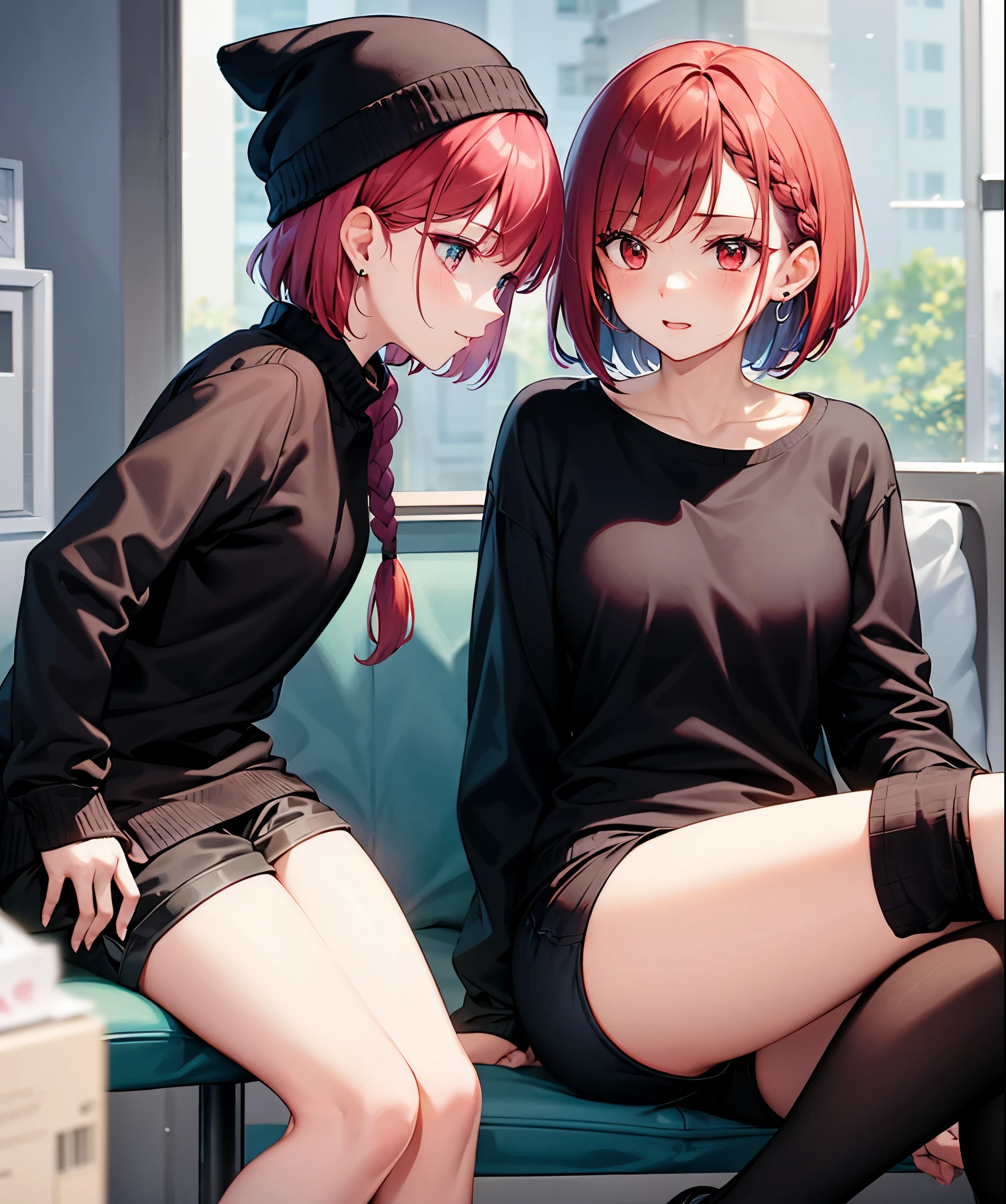 one red haired woman,short bob,Braiding hair,red eyes,3 earrings in left ear,Black long sleeves,Black shorts,knit hat