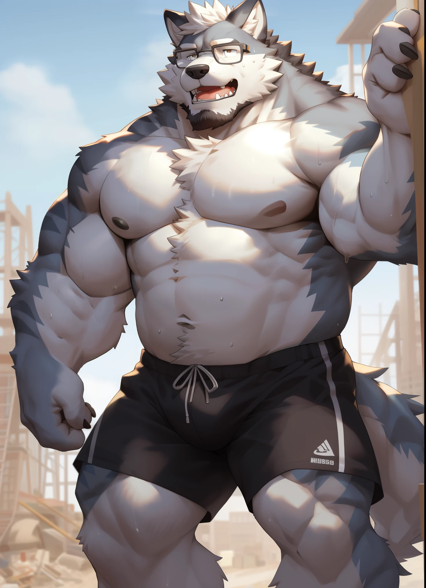 hairy,((Wolf,Shirtless,construction shorts,Black-rimmed glasses,white towel)),beard,white fur,male,Common,full body picture((极其lifelike阴影,masterpiece,Very detailed,lifelike)), ((Cat)),dynamic poses,Construction site,Show arm muscles,Wipe your sweat with a towel((极其lifelike背景,masterpiece,Very detailed,lifelike))detailed background,dad body
