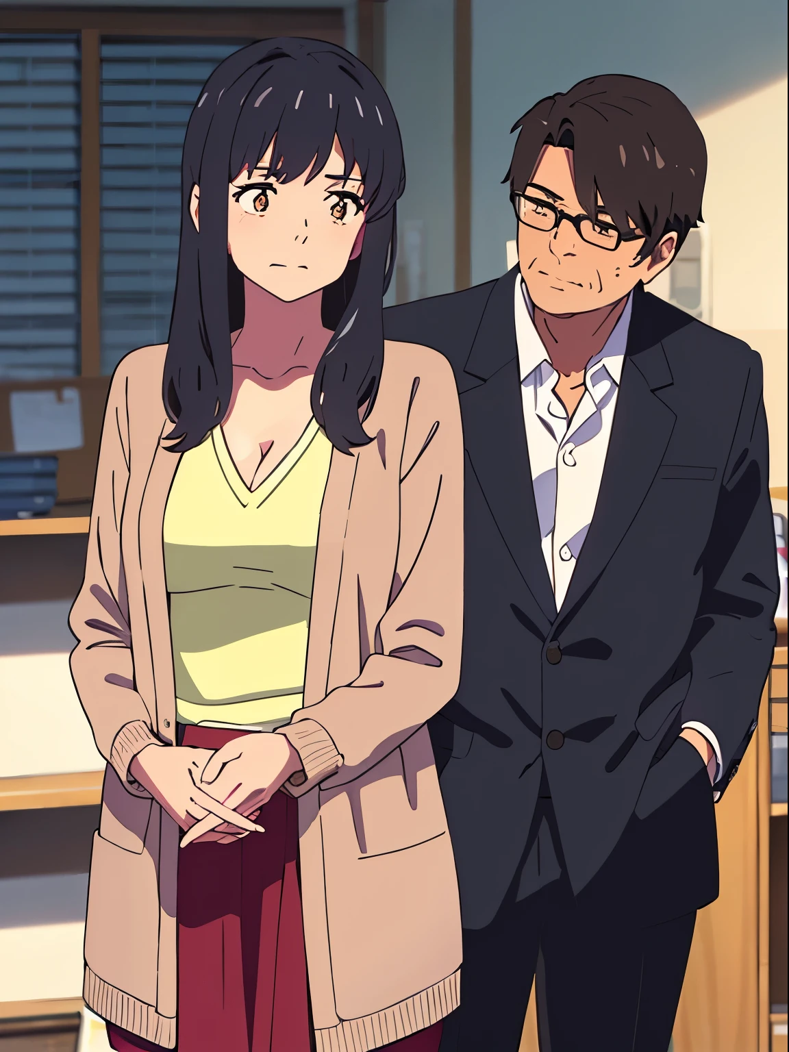 shinkai makoto, kimi no na wa., 1middle age man, wrinkle face, black hair,bangs swept to the right side, office suit, middle aged man caressing girl's body, kiss cheeks, passionate hug, boy is hugging from behind, chestgrope from behind, middle aged man is touchig girl's chest, hold chest, 1girl, bangs, black hair, brown eyes, Twisted Half Up, red ribbon, long hair, yellow cardigan,off shoulder cardigan, open shirt, orange shirt, cleavage, breast, medium breast, blue pants, storage room, indoors, masterpiece, perfect anatomy, cowboyshot