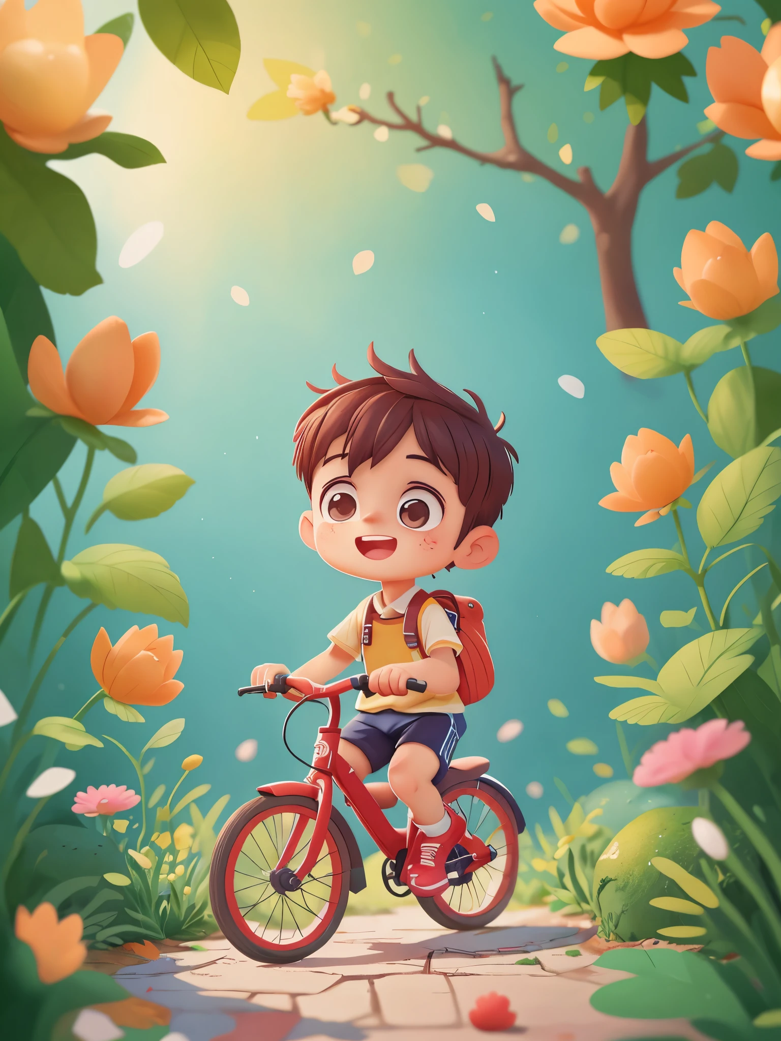1 boy, Preschool,Cycling, nursery school, Going to school, street view,(masterpiece: 1.2) (actual: 1.2) (Bokeh) (best quality) (Delicate skin: 1.3) (intricate details) (8k) (Detailed eyes) (sharp focus), (happy)