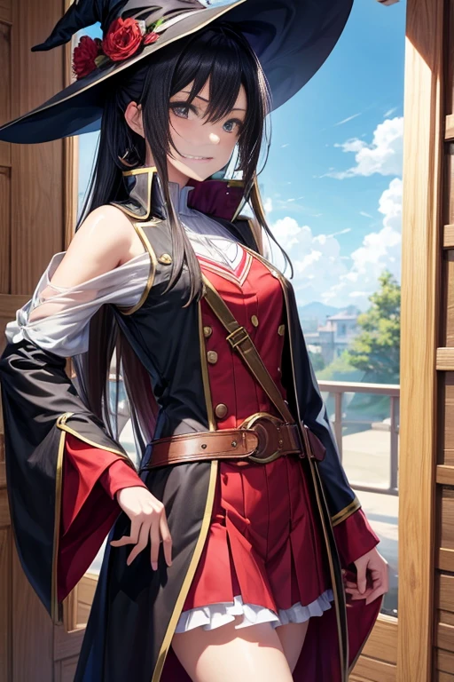 Anime character in costume and hat standing in front of window, Black-haired mage, Sao style anime,, Frivolous anime witch casts magic,