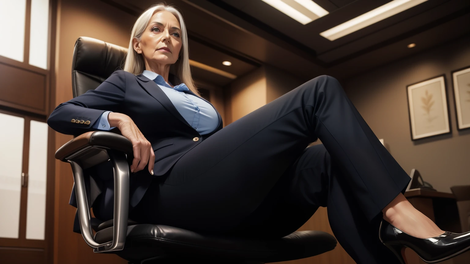 65-year-old woman with dark straight  hair,  long straight  black hair, blue  eyes, a lot of wrinkles on her face, old woman, old body with wrinkles, detailed wrinkles (Old women in Europe) proper eye position,cinematic light, soft light, night time, soft moonlight, detailed background, clear background, milf, highly detail, 8k, office, detailed face, extra detailed eyes, beautiful eyes, perfect eyes, director's office room, clear background, office computer worker room background, office worker suit, office worker clothes, ultra detailed background, detailed background, perfect visible background, solo, small  breasts, short blouse, closed legs, low stockings, carismatic, very detail, there is a mature woman in the room, she is a boss, office theme, soft clothes, long hair, wearing cloth pants blazer, 65 years old, wearing high heels, sits on big leather chair ((very fit female athletic sexy muscle body))