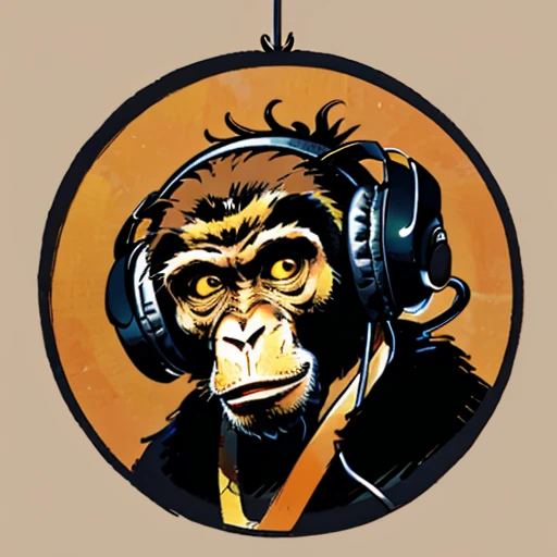 a close up of a monkey face with headphones, (wearing headphones upside down), under the neck, (in style of clay), inspired by Alex Petruk APe, monkey punch, monkey, bored ape, face like monkey, monkeys, in style of monkeybone, in style of primal apes, ape, orange head