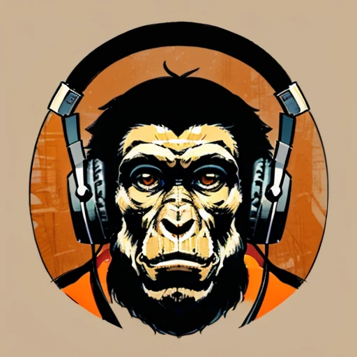 a close up of a monkey face with headphones, (wearing headphones upside down), under the neck, (in style of clay), inspired by Alex Petruk APe, monkey punch, monkey, bored ape, face like monkey, monkeys, in style of monkeybone, in style of primal apes, ape, orange head