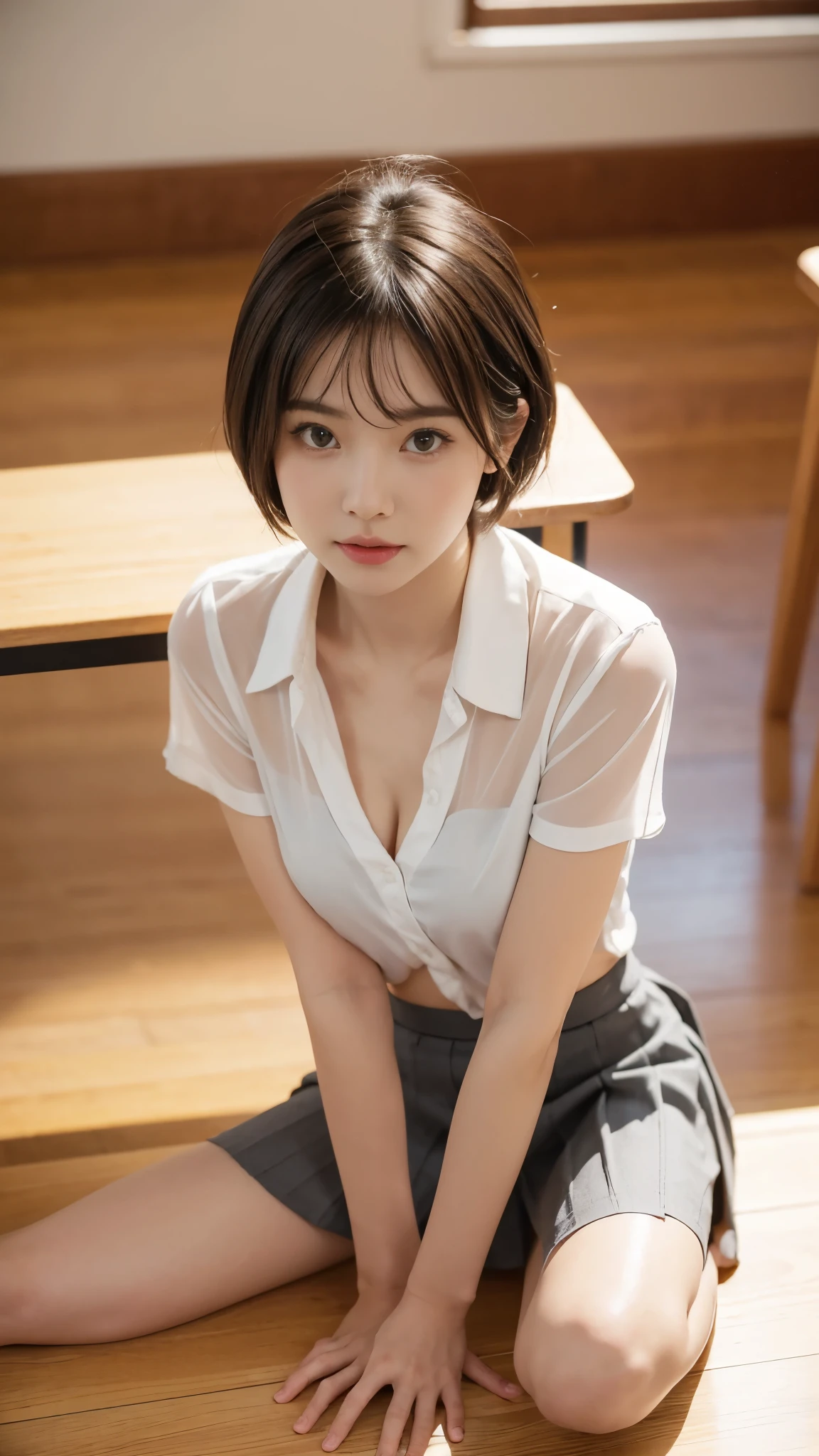 （8K、Raw photography、top-quality、​masterpiece：1.2),(Spread your legs wide,Open your legs wide),(a short bob、short bangs)、watching at viewers,Looking at the front,A smile,Erotic,Pupils,de pele branca,kne,(Black pantyhose),absurderes,a small face、(be shy,skinny,Rasping,irate)、​masterpiece,top-quality、超A high resolution,Not wearing panties,ren,Beautiful fece,One Person, 独奏,fullllbody、cute little、Back to Student,JK school uniform,hi-school girl,A Japanese Lady,（Photorealsitic：1.37）、Photon mapping,Realistic、Cute little face,Brown-eyed、Black socks、Radio City、Physically Based Rendering、Foreground、depth of fields、Blurry background、a picture,The girls、Body,beauty legs, Long legs, Thin leg, hair, s lips, Blue_The eye, nosesoft,(White collared shirt), (Navy and blue and white plaid pleated skirt), Knees are visible,Sheer clothing,,Black cotton socks,Nogizaka Idol, 女優, Japanese ido、large full breasts、cleavage of the breast、When you unbutton your shirt, you can clearly see your chest.、(Clearly visible detailed female pubic shape: 1.4), Masturbation Girl，fully body photo、skirt lift by yourself、super definition、lowfers、No bra、No bra、No pubic hair、Water is overflowing from the genitals、On a desk in a classroom、Black knee-high stockings、