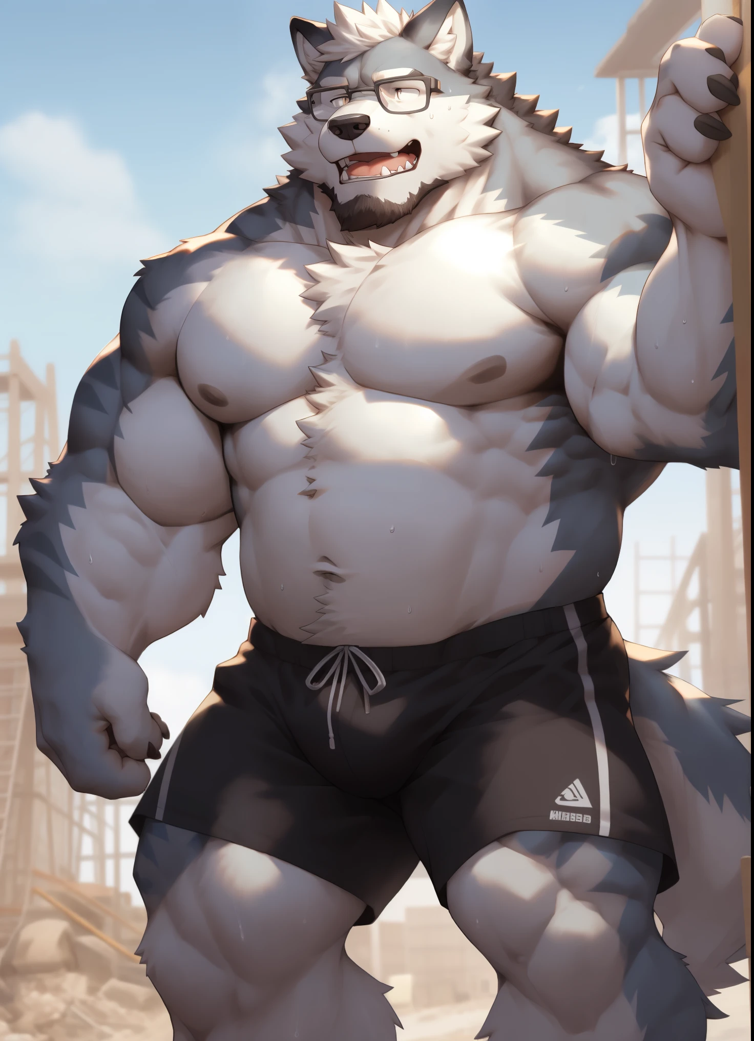 hairy,((Wolf,Shirtless,construction shorts,Black-rimmed glasses,white towel)),beard,white fur,male,Common,full body picture((极其lifelike阴影,masterpiece,Very detailed,lifelike)), ((Cat)),dynamic poses,Construction site,Show arm muscles,Wipe your sweat with a towel((极其lifelike背景,masterpiece,Very detailed,lifelike))detailed background,dad body