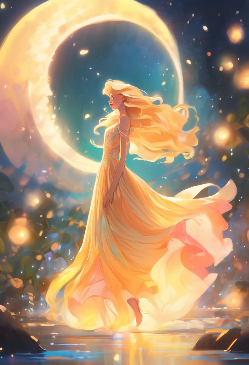 beautiful girl in flowing colorful ballgown ポートレート,moon dress, long golden hair, Colorful watercolor background, inspired Written by Glen Keene, inspired Written by Lois Van Baarle, disney art style, Written by Lois Van Baarle, There&#39;s a glowing aura around her, Full moon in the sky,Written by Glen Keene, Just Bartel, incandescent lamp! digital painting, flowing shining hair, shining flowing hair, beautiful digital illustration, Fantasia otherworldly landscape plants flowers, beautiful, masterpiece, highest quality, Anime Disney Style