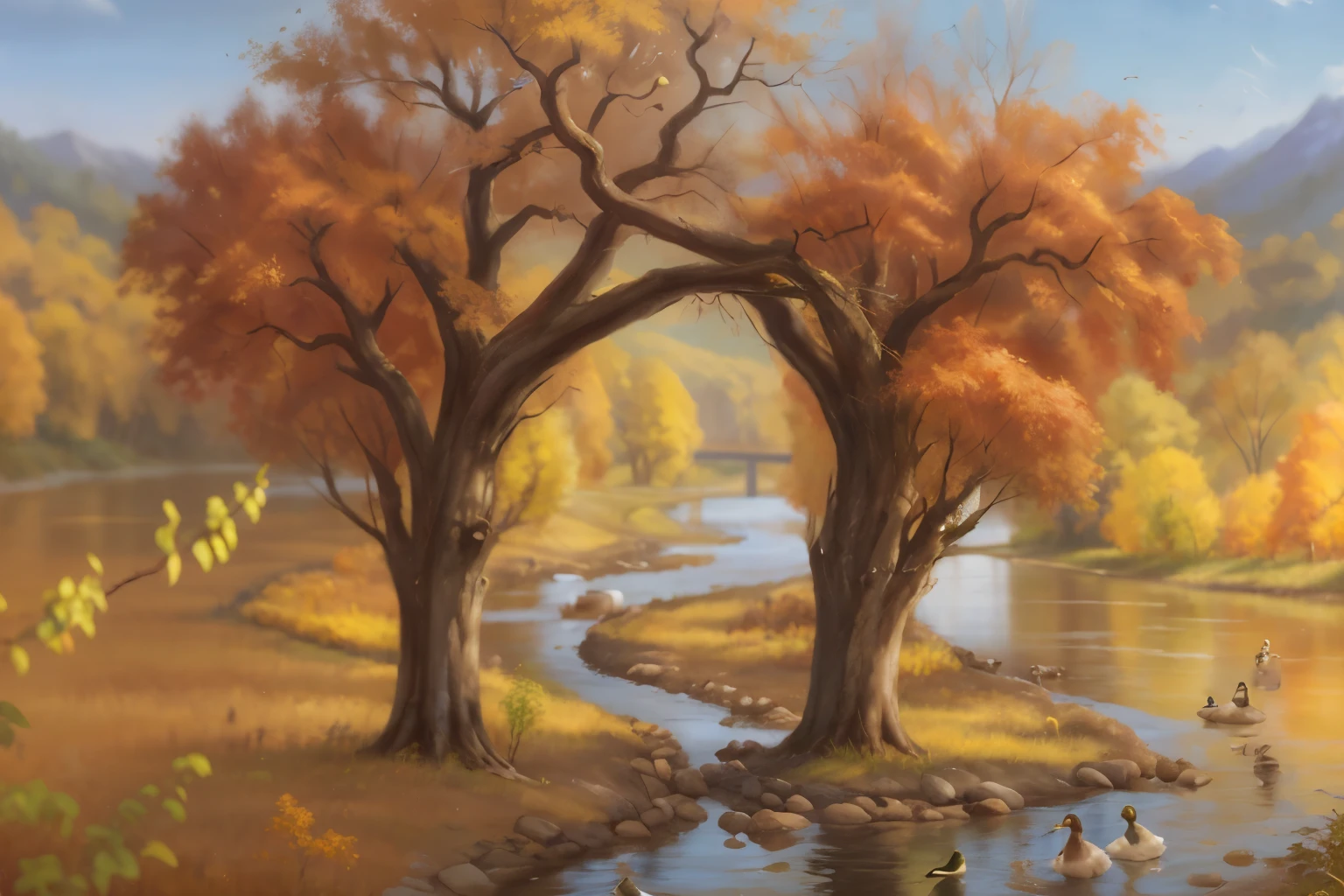 painting of a river with ducks and trees in the background, Яцек Йерка и vladimir kush, inspired vladimir kush, vladimir kush, Hildebrandt, inspired by Terry Redlin, вдохновленный братьями Hildebrandtом, inspired by Jacek Jerka, whimsical fantasy landscape art, вдохновленный братьями Hildebrandtами, autumn calm, Rivendell, inspired by Albert Bierstadt