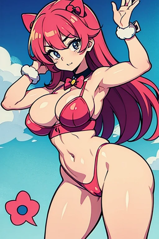 mulher cosplay HELLO KITTY exibindo os musculos extremamente definidos malhando