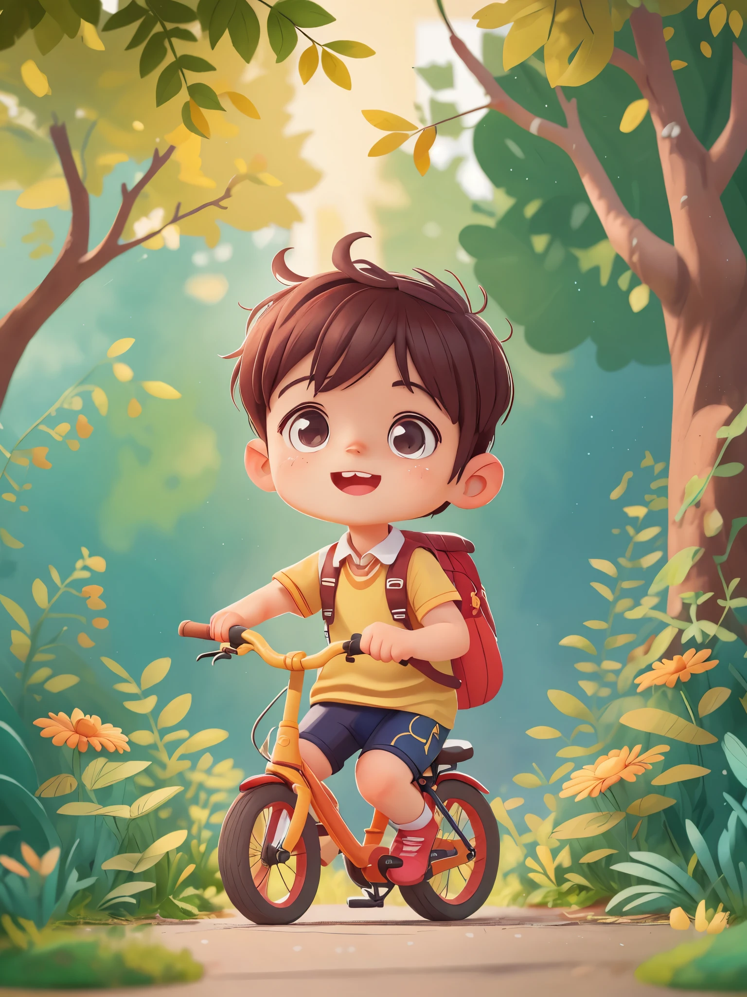 1 boy, Preschool，Cycling, nursery school, Going to school, street view，(masterpiece: 1.2) (actual: 1.2) (Bokeh) (best quality) (Delicate skin: 1.3) (intricate details) (8k) (Detailed eyes) (sharp focus), (happy)，