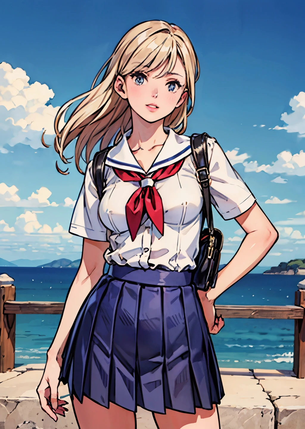(best quality,4k,8k,highres,masterpiece:1.2),ultra-detailed,(realistic,photorealistic,photo-realistic:1.37),(cowboy shot),beautiful detailed eyes,beautiful detailed lips,extremely detailed eyes and face,long eyelashes,feminine,blonde-hair,long wavy hair,(professional,model-like:1.1) laugh,pose,(left-hand on hip,graceful,elegant:nine),high-school uniform,pleated skirt,dark-blue high socks,shoulder bag,slim waist,