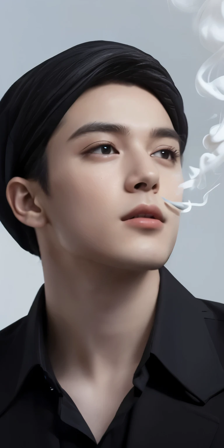 masutepiece, Best Quality, Illustration, Highly detailed, fine detail, high resolution, 8K Wallpaper, Perfect dynamic composition, taking pictures from face to body, detailed eyes, detailed lips man, ((Muslim Islamic man)), 19 years old man, detailed face man handsome, handsom man, (wearing a cap on his head), (smoking), wearing a black shirt, accessories with a watch