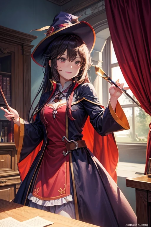There is a close-up shot of a man holding a cane with red curtains in the background. The man has a distinguished look with a long white beard and wise eyes. His posture is that of a wizard, with one hand raised as if casting a spell. The scene is filled with an aroma of mystery and enchantment. The artwork is executed in a medium of digital illustration, with vibrant colors and detailed textures. The image quality is of the highest standard, with 4k resolution and ultra-detailed rendering. The overall style is influenced by popular isekai anime, specifically inspired by the character Megumin from "Konosuba". The character design resembles Megumin, with her signature hat and cape, but with a more mature and sophisticated appearance. The artwork captures the essence of shuushuu-style anime, with soft lines and delicate shading. The lighting in the scene is dramatic, with the wizard's face illuminated by a magical glow. The color palette is rich and vibrant, with deep shades of red and purple. The curtains provide a contrasting element of warmth and coziness against the mysterious wizard. The image portrays a moment frozen in time, as if taken from a scene in an animated film, inviting viewers to delve into the world of magic and fantasy.