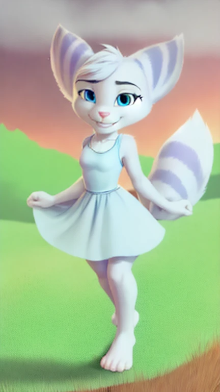 Furry Rivetlombax posing in an open field. (((She’s wearing a light blue sundress with a knee length skirt.))) (((Her tail emerges from a small hole in her dress.))) (((She is shown with two human feet, each with five toes.))) (((Her fluffy tail must be visible.))) (((She is shown looking at the viewer with a look of pure adoration on her face.))) (((She is looking at and running towards the viewer with an excited smile and eyes filled with love.))) (((She must be shown excitingly running at the viewer.)))