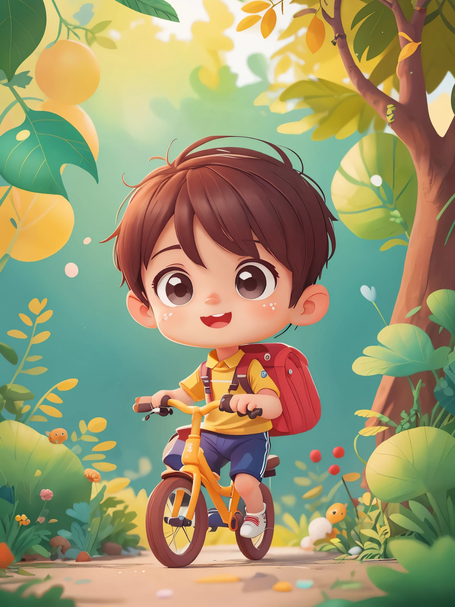 1 boy, Preschool,Cycling, nursery school, Going to school, street view,(masterpiece: 1.2) (actual: 1.2) (Bokeh) (best quality) (Delicate skin: 1.3) (intricate details) (8k) (Detailed eyes) (sharp focus), (happy),