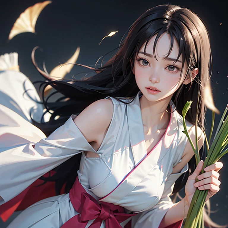 super fine illustration, best quality, woman in traditional Japanese attire holding freshly picked celery at night. Delicate and beautiful with long black hair gracefully flowing, and a finely sculpted face in pure white. Acrylic painting style emphasizing simplicity yet highlighting profound beauty.
