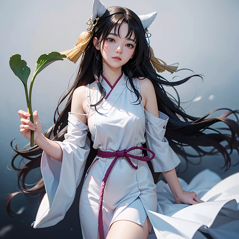 super fine illustration, best quality, woman in traditional Japanese attire holding freshly picked celery at night. Delicate and beautiful with long black hair gracefully flowing, and a finely sculpted face in pure white. Acrylic painting style emphasizing simplicity yet highlighting profound beauty.
