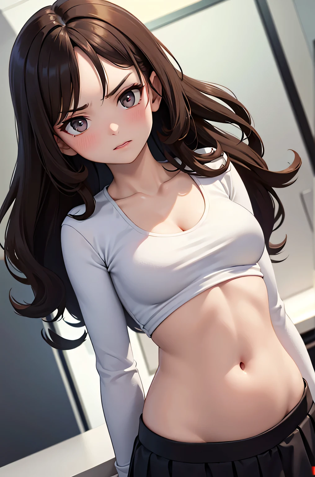 super fine illustration, vibrant colors, masterpiece, sharp focus, best quality, depth of field, cinematic lighting, ultra detailed, collarbone, t shirt, long sleeves, MILF, 1 woman, solo, midriff, tummy, belly button, large navel, kitchen, ceiling, close up, looking down, medium breasts, curly hair, long hair, skirt, pearl necklace, makeup, dark brown hair, blushing, angry, low angle
