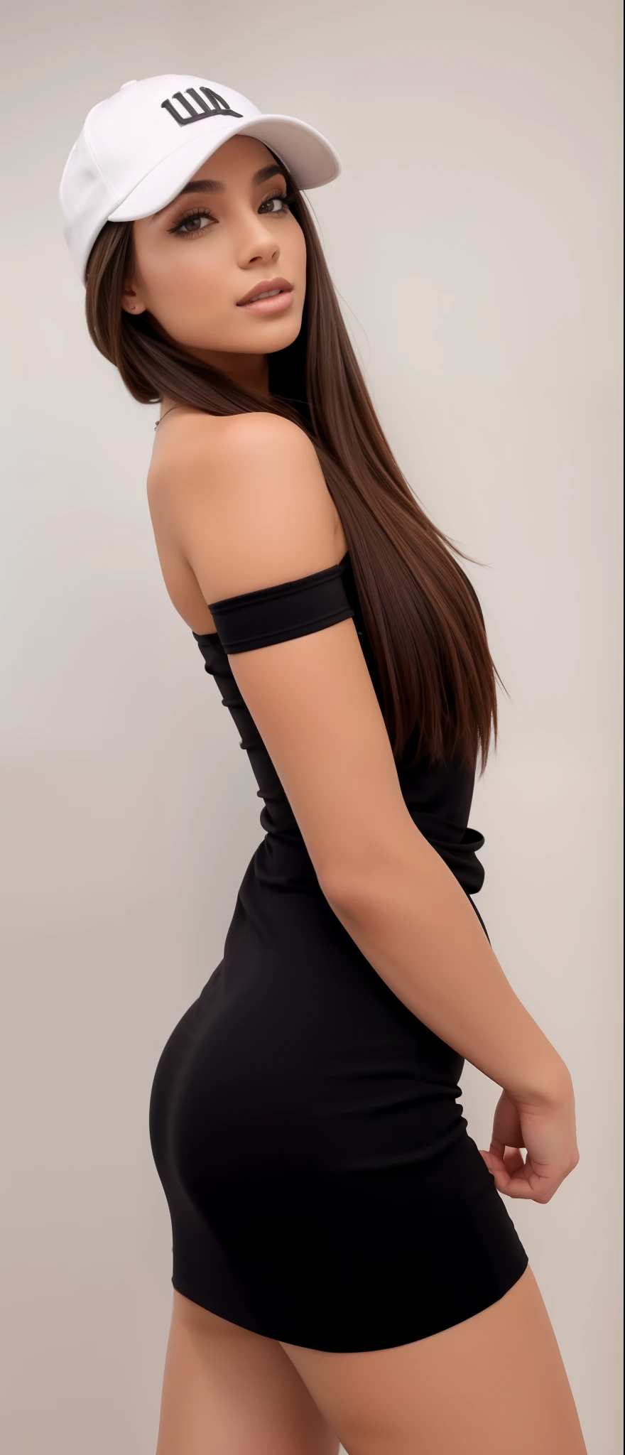 Arafa woman in black dress and white baseball cap posing for a photo, showing the shoulder from behind, ombros podem ser vistos, 2 modelo feminino de 4 anos, jia, pose lateral, usando um top cropped sexy, metade superior do corpo, she is wearing a black dress, waist reaching ponytail, com cabelo preto liso, full body distant view