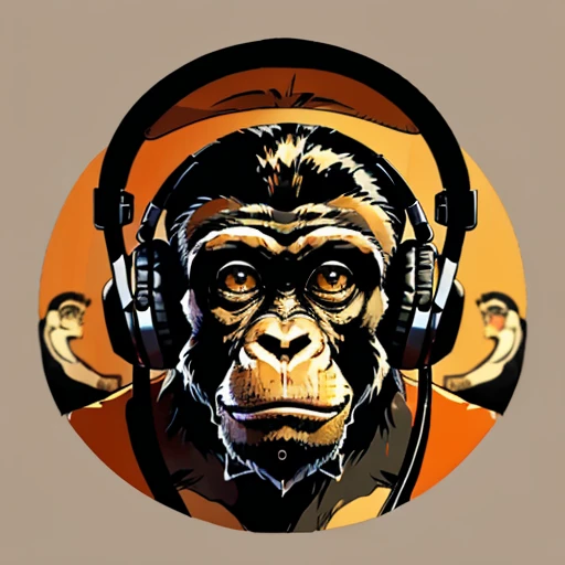 a close up of a monkey face with headphones, (wearing headphones upside down), under the neck, (in style of clay), inspired by Alex Petruk APe, monkey, bored ape, face like monkey, monkeys, in style of monkeybone, in style of primal apes, ape, orange head