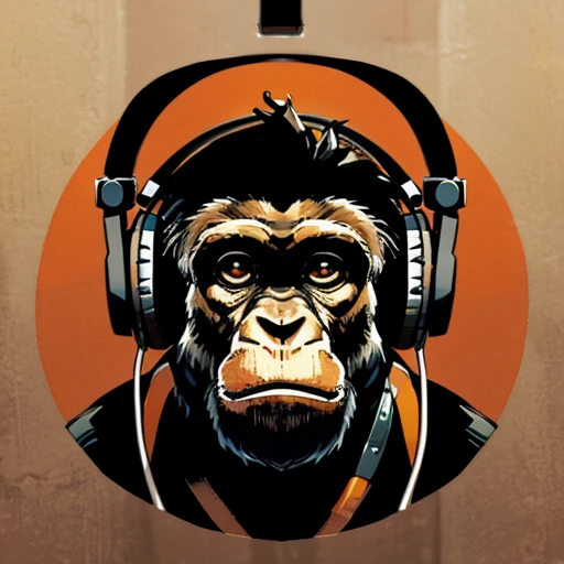 a close up of a monkey face with headphones, (wearing headphones upside down), under the neck, (in style of clay), inspired by Alex Petruk APe, monkey, bored ape, face like monkey, monkeys, in style of monkeybone, in style of primal apes, ape, orange head