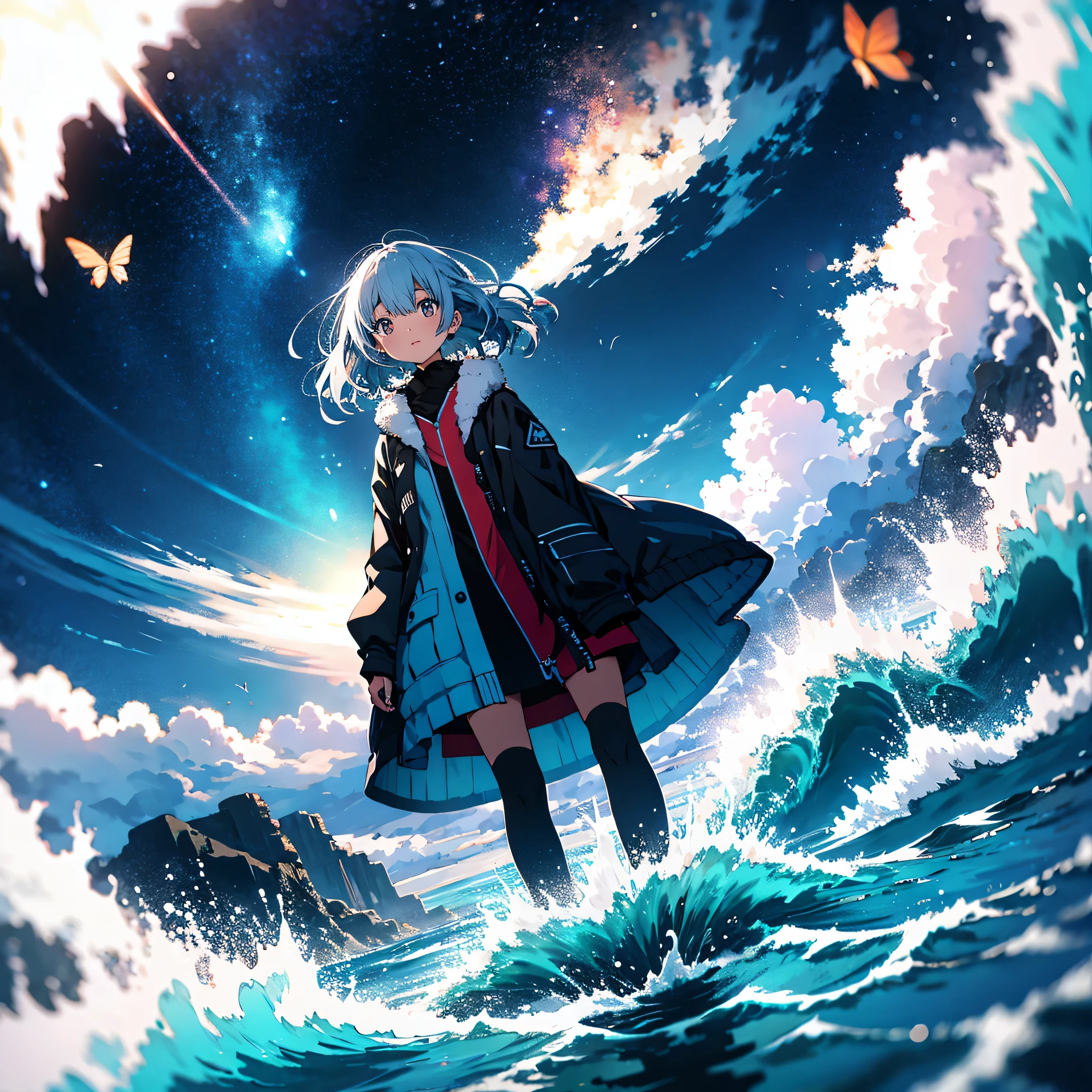 [(white background:1.5),::5] (isometric:1.0), 1 girl, mid shot, whole body, Ocean, Oceanの波, water splashes, null, particles of light, butterfly, night, starry null  