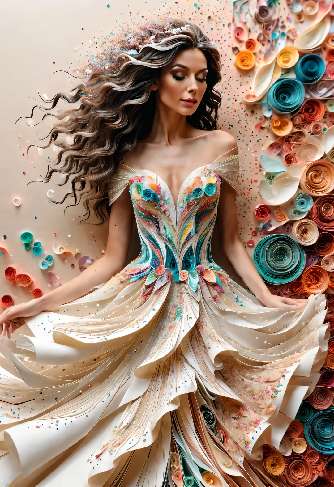 (Beautiful wedding dress made of confetti is dancing），Alyssa Lazer (Aliza Razel) style, beautiful details in style of Maximalism, 凯莉·麦克南style, beautiful details，Paper art long shot，whole body，elevation angle，