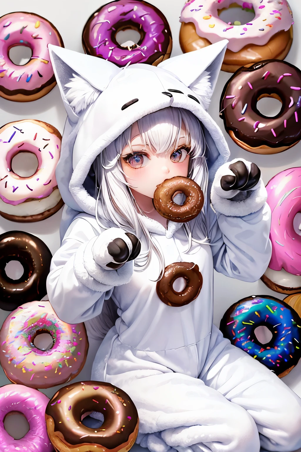 ((worst quality, low quality)), ((close)), (10 year old girl), silver hair, (Fluffy white fox costume pajamas:1.4), (open income:1.2), (pale white pajamas:1.4), Animal Hoodie, (hood up:1.under the hoodie, Fox Kenomimi, oversized hoodie, (paw gloves:1.3), ((POW Pose:1.5)),donut効果, (donutまみれ:1.3), (donut🍩:1.5))), background of room decorated for party, highest quality,Super detailed, masterpiece,