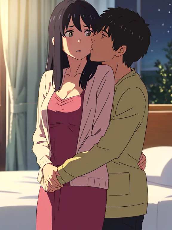 shinkai makoto, kimi no na wa.,1middle age man, wrinkle face, black hair,bangs swept to the right side,  middle aged man caressing girl's body, kiss cheeks, passionate hug, oldman is hugging from behind, 1girl, bangs, black hair, brown eyes, partled lips, Twisted Half Up, red ribbon, long hair, long sleeve light pink cardigan, open shirt, yellow shirt, cleavage, breast, medium breast, bedroom room,night, indoors, masterpiece, perfect anatomy, cowboyshot