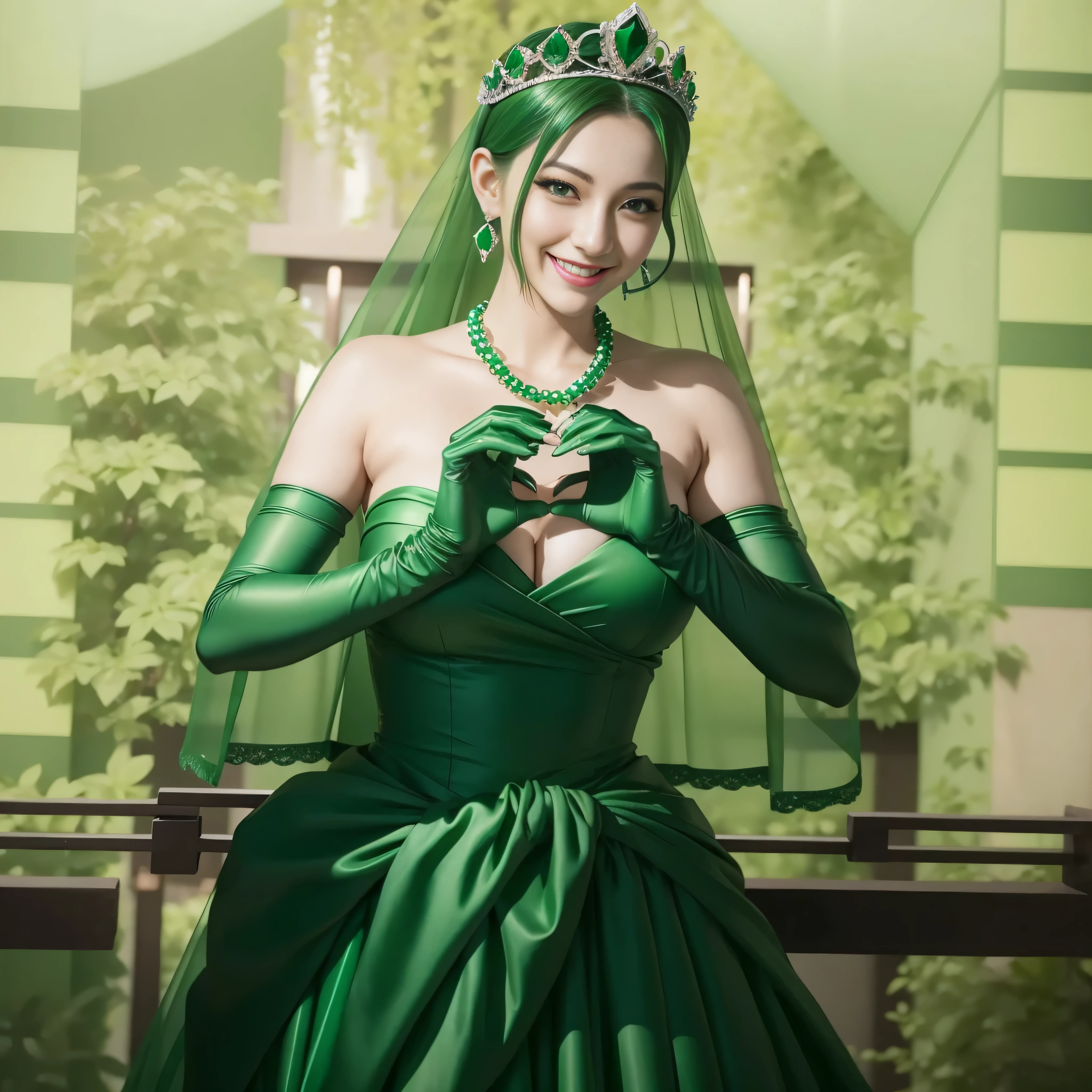 emerald tiara, green pearl necklace, ボーイッシュな非常に短いgreen hair, lipstick, smiling Japanese woman, very short hair, Beauty with large breasts, green eyes, Long Green Satin Gloves, green eyes, emerald earrings, green veil, heart with both hands, green hair, beautiful japanese woman, heart shaped hand:1.3