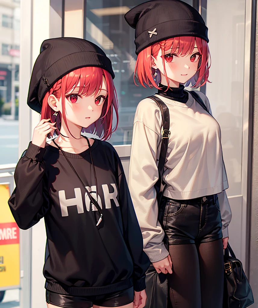 1 red haired woman,short bob,Braiding hair,red eyes,3 earrings in left ear,Black long sleeves,Black shorts,knit hat