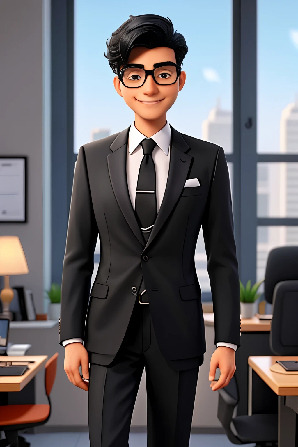 A successful businessman, donning a suit and glasses, flaunts a radiant smile. His sleek black hair, styled in a modern split design, adds an alluring touch to his professional attire.
