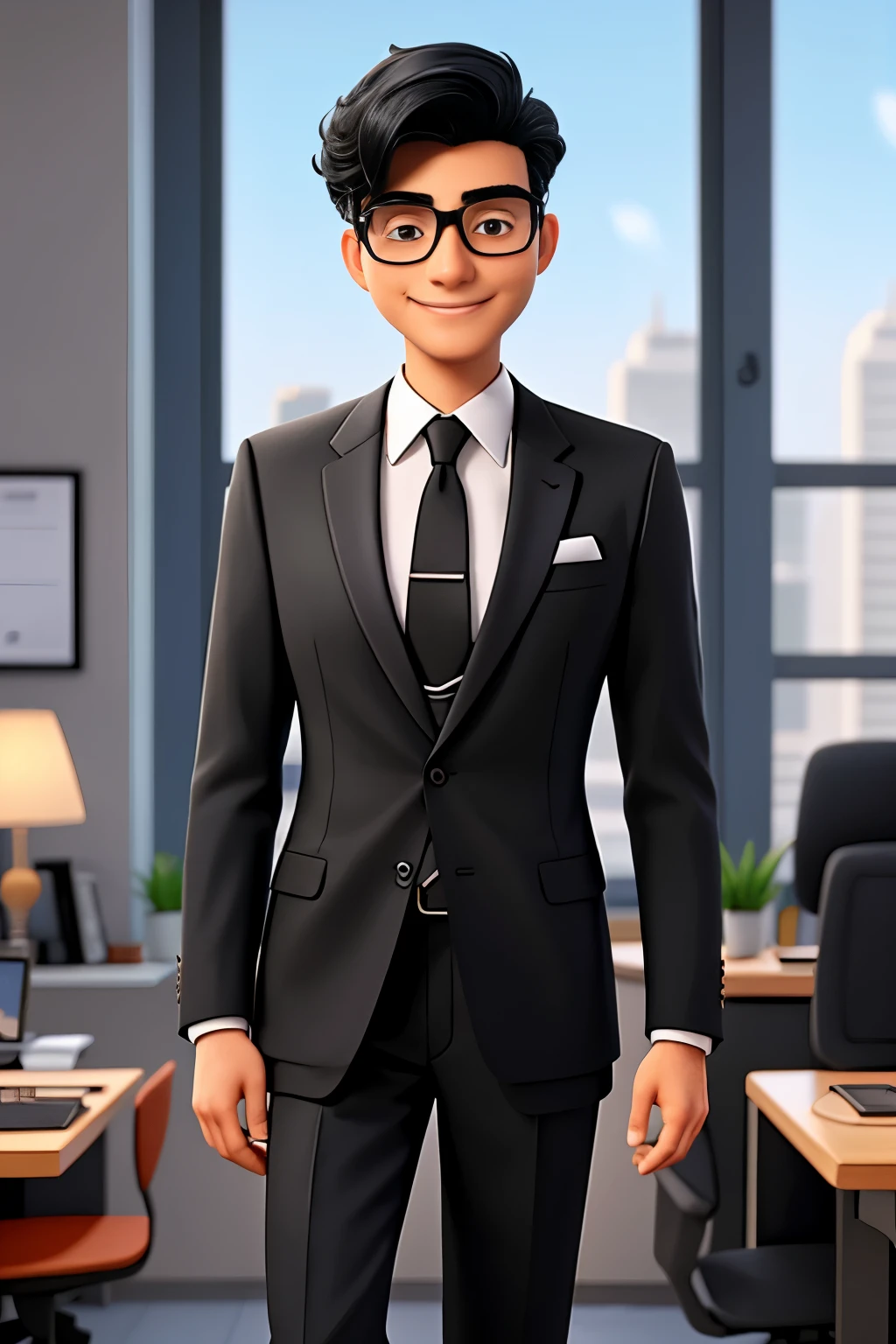 A successful businessman, donning a suit and glasses, flaunts a radiant smile. His sleek black hair, styled in a modern split design, adds an alluring touch to his professional attire.
