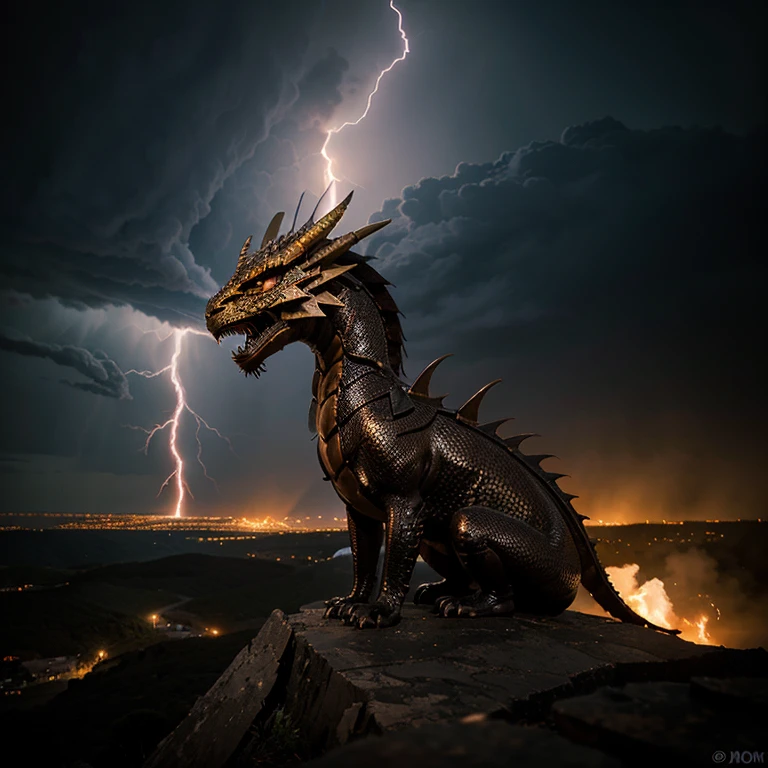 Dragon mistico, con escamas, escupiendo fuego, lightning atmosphere 