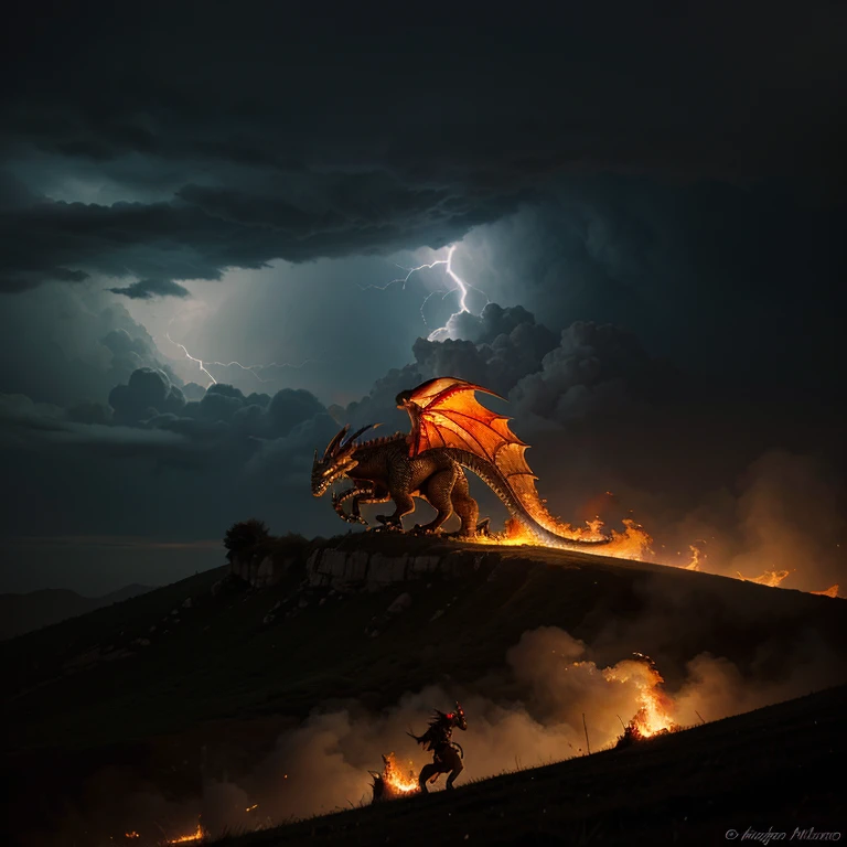 Dragon mistico, con escamas, escupiendo fuego, lightning atmosphere 