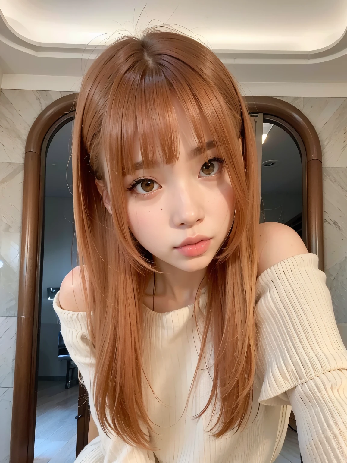 a close-up of a woman with long red hair and a white sweater, o corte Hime, Lalisa Manobal, Lalisa Manoban do Blackpink, neat hair com franja, com franja, com franja completa, long hair com franja completa, long hair com franja, penteado com corte hime branco, franja repartida ao centro, franja marrom, Ulzzang