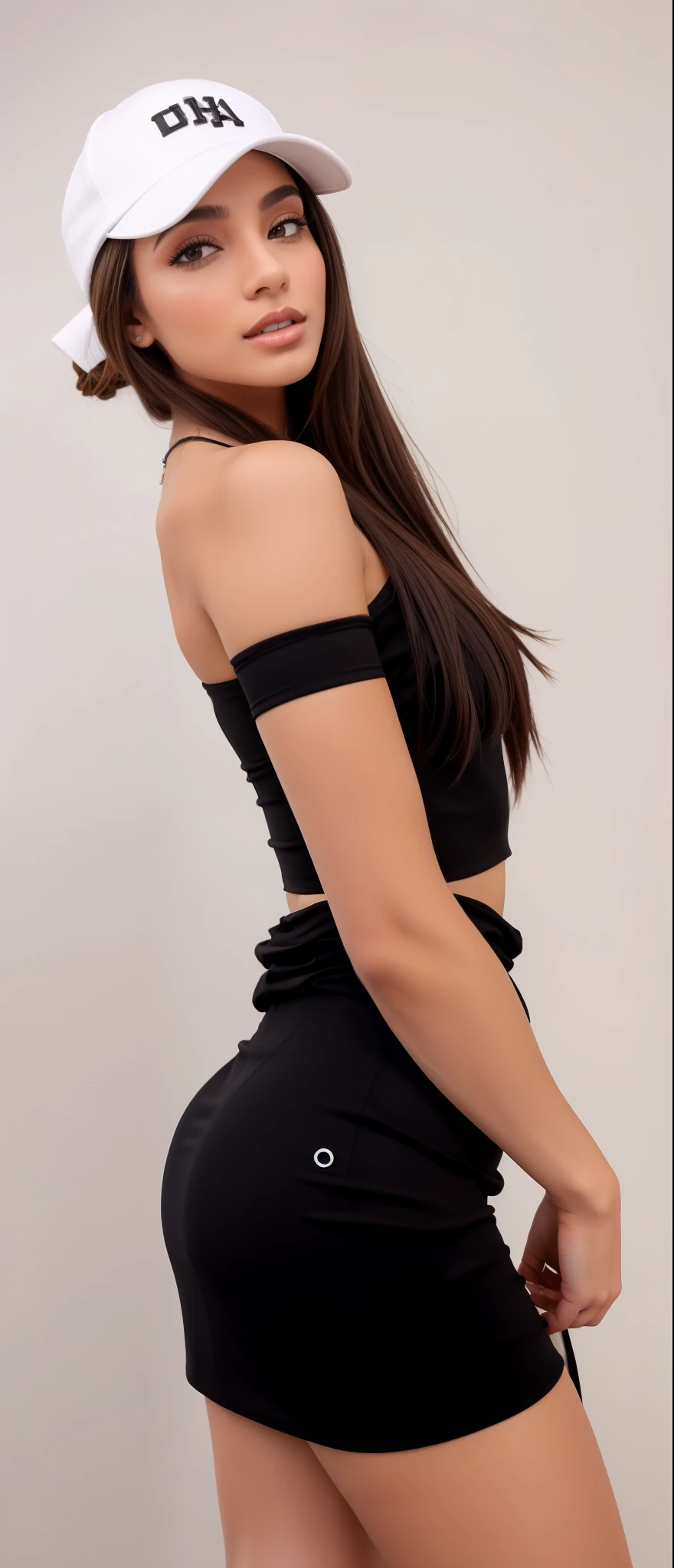 Arafa woman in black dress and white baseball cap posing for a photo, showing the shoulder from behind, ombros podem ser vistos, 2 modelo feminino de 4 anos, jia, pose lateral, usando um top cropped sexy, metade superior do corpo, she is wearing a black dress, waist reaching ponytail, com cabelo preto liso, full body distant view