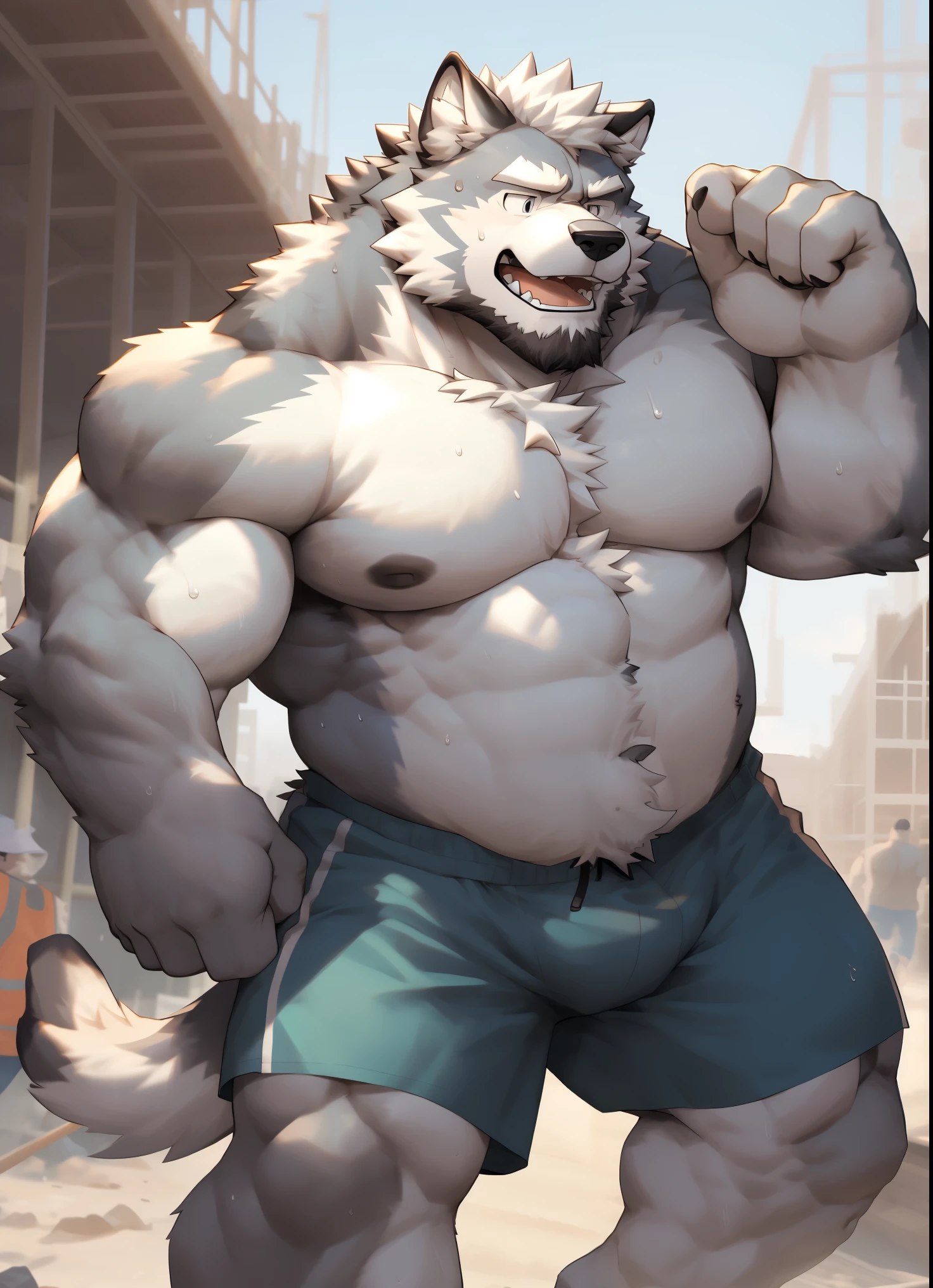 hairy,((Wolf,Shirtless,construction shorts,Black-rimmed glasses,white towel)),beard,white fur,male,Common,full body picture((极其lifelike阴影,masterpiece,Very detailed,lifelike)), ((Cat)),dynamic poses,Construction site,Show arm muscles,Wipe your sweat with a towel((极其lifelike背景,masterpiece,Very detailed,lifelike))detailed background,dad body