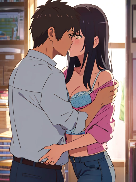 shinkai makoto, kimi no na wa., 1middle age man, wrinkle face, black hair,bangs swept to the right side, 1middle age man, caressing girl's body, kiss cheeks, passionate hug, 1middle age man, is hugging from behind, chestgrope from behind, 1middle age man, is touchig girl's chest, hold chest, 1girl, bangs, black hair, brown eyes, Twisted Half Up, red ribbon, long hair, yellow collared shirt, open shirt, off shoulders,unbuttoned shirt, pink bra, cleavage, breast, medium breast, blue pants, storage room, indoors, masterpiece, perfect anatomy, cowboyshot