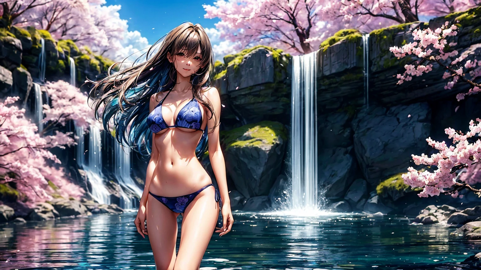 (((highest quality、masterpiece、very high resolution、highly detailed images、detailed details)))、(A woman of perfect and ultimate beauty:18-year-old, beautiful body、beautiful face、beautiful hair,bright smile)、(Slender and beautiful body, best skin and hair texture)、((Cute Bikini:Beautiful Japanese pattern and colorful,shoulders are exposed,I can see my thighs)),((Mysterious waterfront:beautiful waterfall and cherry blossoms,fantastic night sky,natural light,beautiful scenery,beautiful scenery,Beautiful colors)),(water play,beautiful pose,model shoot,Hair flutters under the influence of the wind),bijinga,Overall image、accurate image、accurate anatomy、Image without defects,(best shot,RAW photo:1.2)
