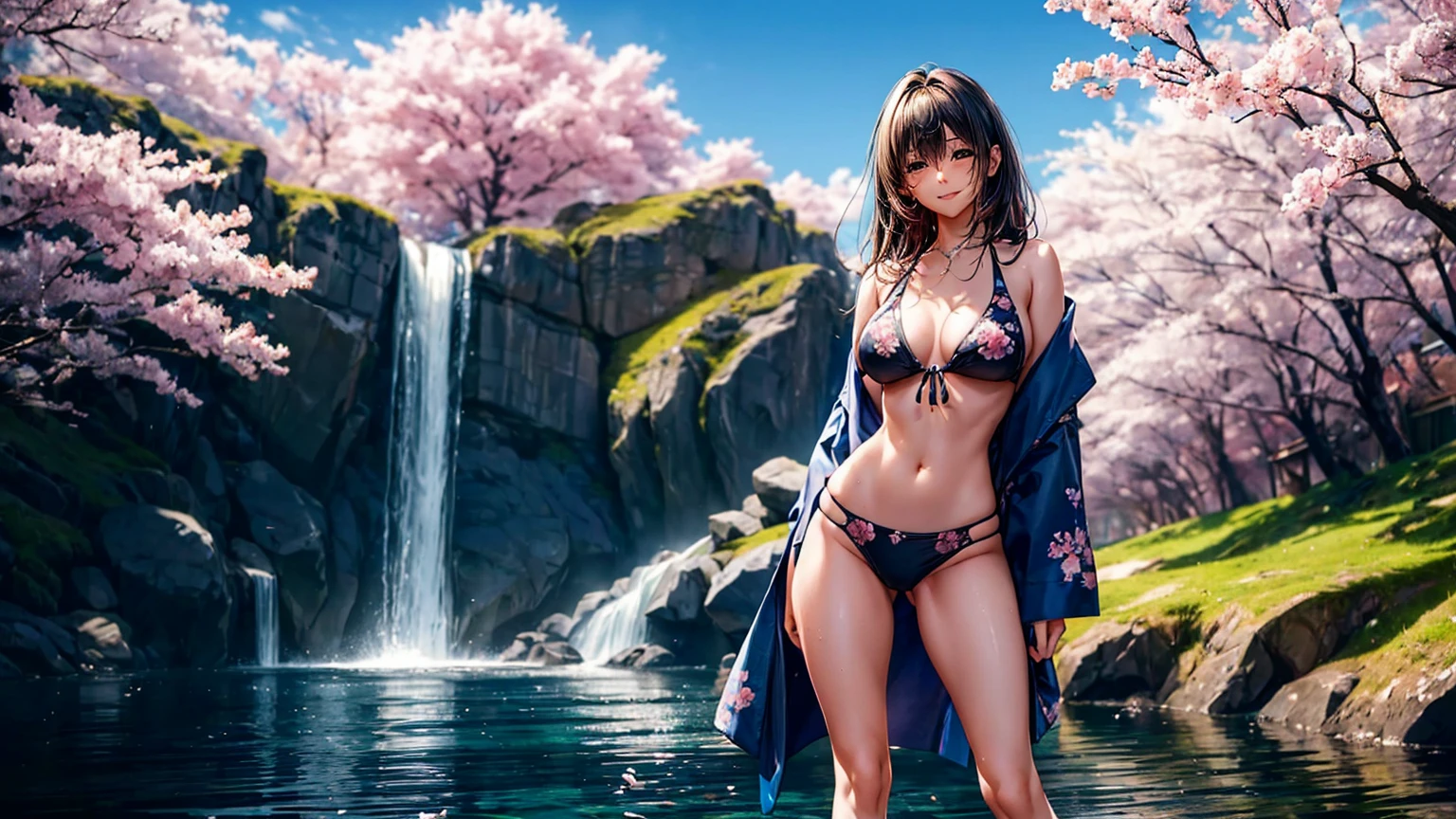 (((highest quality、masterpiece、very high resolution、highly detailed images、detailed details)))、(A woman of perfect and ultimate beauty:18-year-old, beautiful body、beautiful face、beautiful hair,bright smile)、(Slender and beautiful body, best skin and hair texture)、((Cute Bikini:Beautiful Japanese pattern and colorful,shoulders are exposed,I can see my thighs)),((Mysterious waterfront:beautiful waterfall and cherry blossoms,fantastic night sky,natural light,beautiful scenery,beautiful scenery,Beautiful colors)),(water play,beautiful pose,model shoot,Hair flutters under the influence of the wind),bijinga,Overall image、accurate image、accurate anatomy、Image without defects,(best shot,RAW photo:1.2)