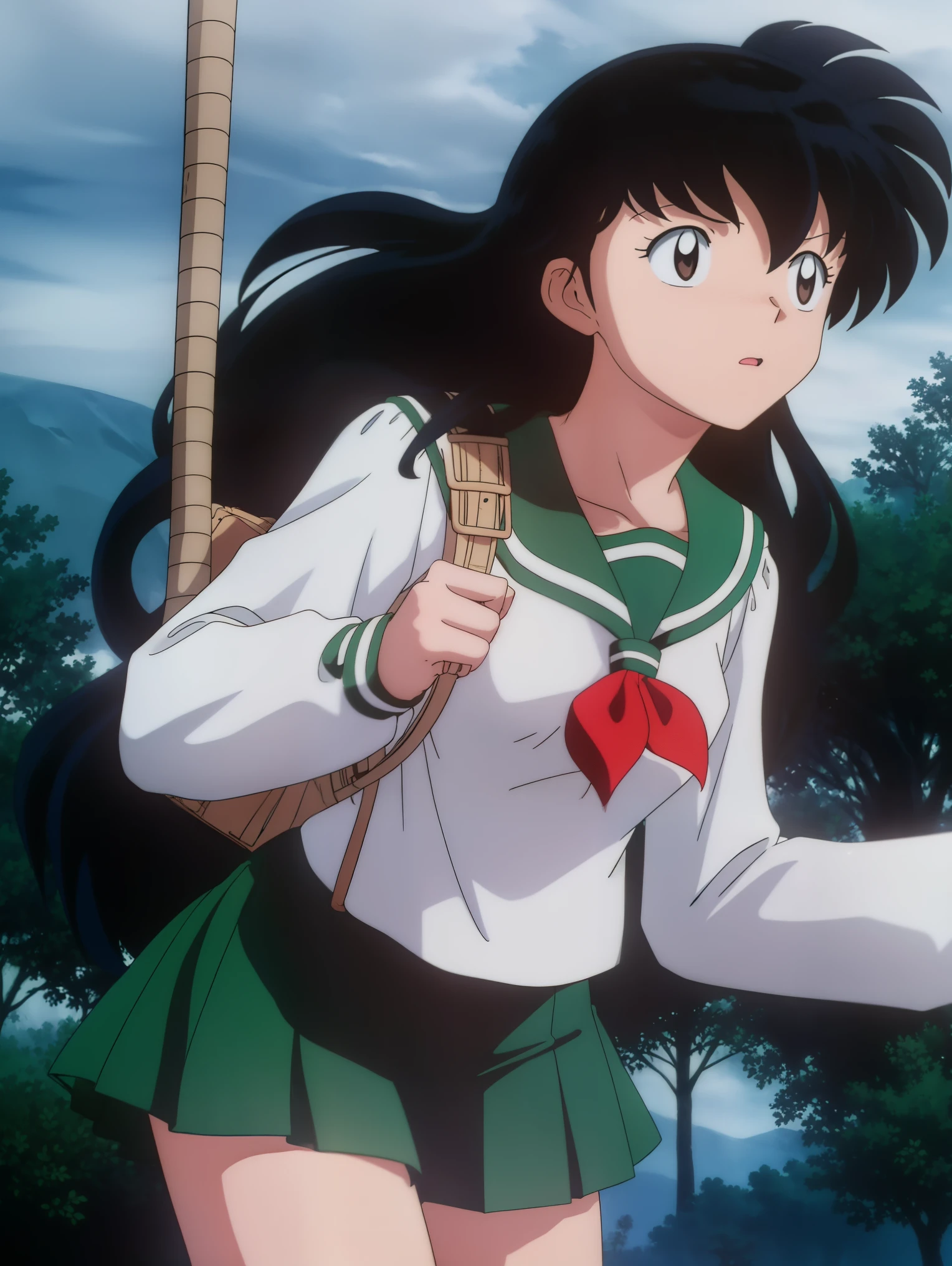 an anime woman standing on with her hair up, 1girl, solo, outdoors, long hair, brown eyes, school uniform,(Masterpiece: 1.6, Best Quality), (Fine Beautiful Eyes: 1.2), (best quality, masterpiece, higher), green school uniform, soft thighs , long sleeves, white socks, scenery , Best Quality, ((anime)) ((Colored)) HD, Kagome Higurashi ,school uniforms, Standing, Green skirt, Red scarf, long hair, Black hair between the eyes, Thighs are soft, school background , black hair, skirt, green skirt, serafuku