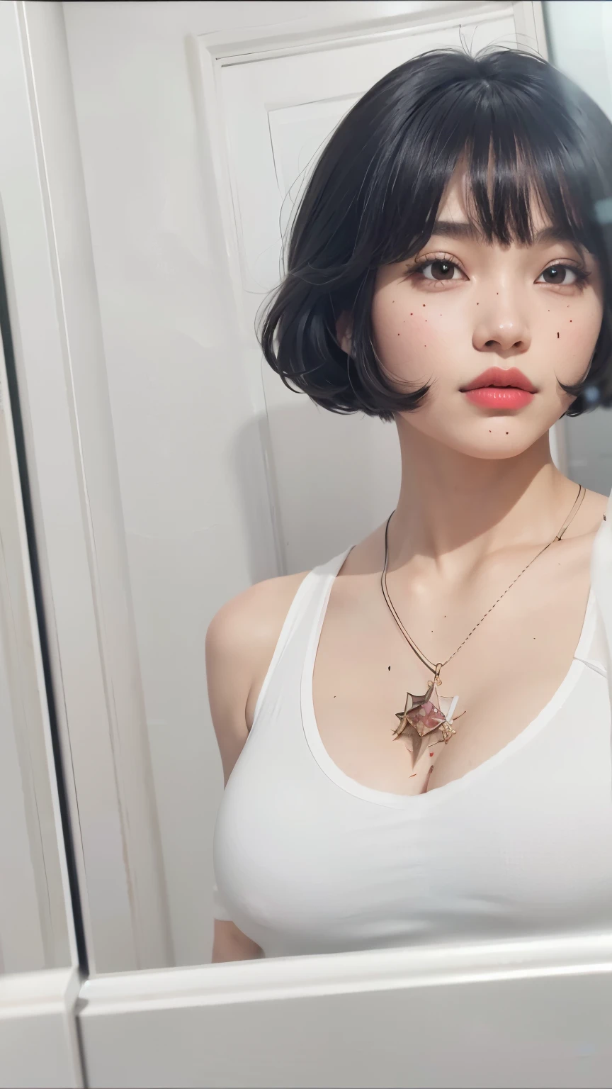 There is a woman who looks at her reflection in a mirror, contas cruzadas no peito nu, renderizado em 4K, young beautiful amoranto, imagem de qualidade muito baixa, cyber colar, amoranto, foto de retrato 8k, olhar sexy encantado, sci fi colar, pale gothic beauty, wearing several pendants, colar, better known as amoranto