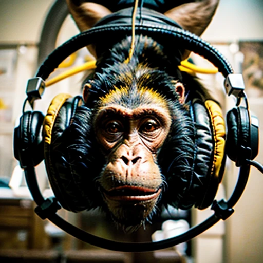 a close up of a monkey face with headphones, (wearing headphones upside down), under the neck, (in style of clay), inspired by Alex Petruk APe, monkey, bored ape, face like monkey, monkeys, in style of monkeybone, in style of primal apes, ape, orange head