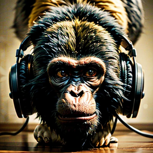 a close up of a monkey face with headphones, (wearing headphones upside down), under the neck, (in style of clay), inspired by Alex Petruk APe, monkey, bored ape, face like monkey, monkeys, in style of monkeybone, in style of primal apes, ape, orange head