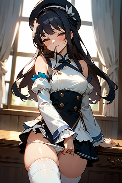 ((最高品質)), ((傑作)), (詳しい), 完璧な顔1girl, solo, long hair, breasts, looking at viewer, blush, smile, bangs, black hair, thighhighs, hat, dress, bare shoulders, underwear, thighs, cowboy shot, frills, detached sleeves, indoors, white thighhighs, window, beret, white headwear, mouth hold, half-closed eyes, breasts out, curtains, panty pull, pulled by self