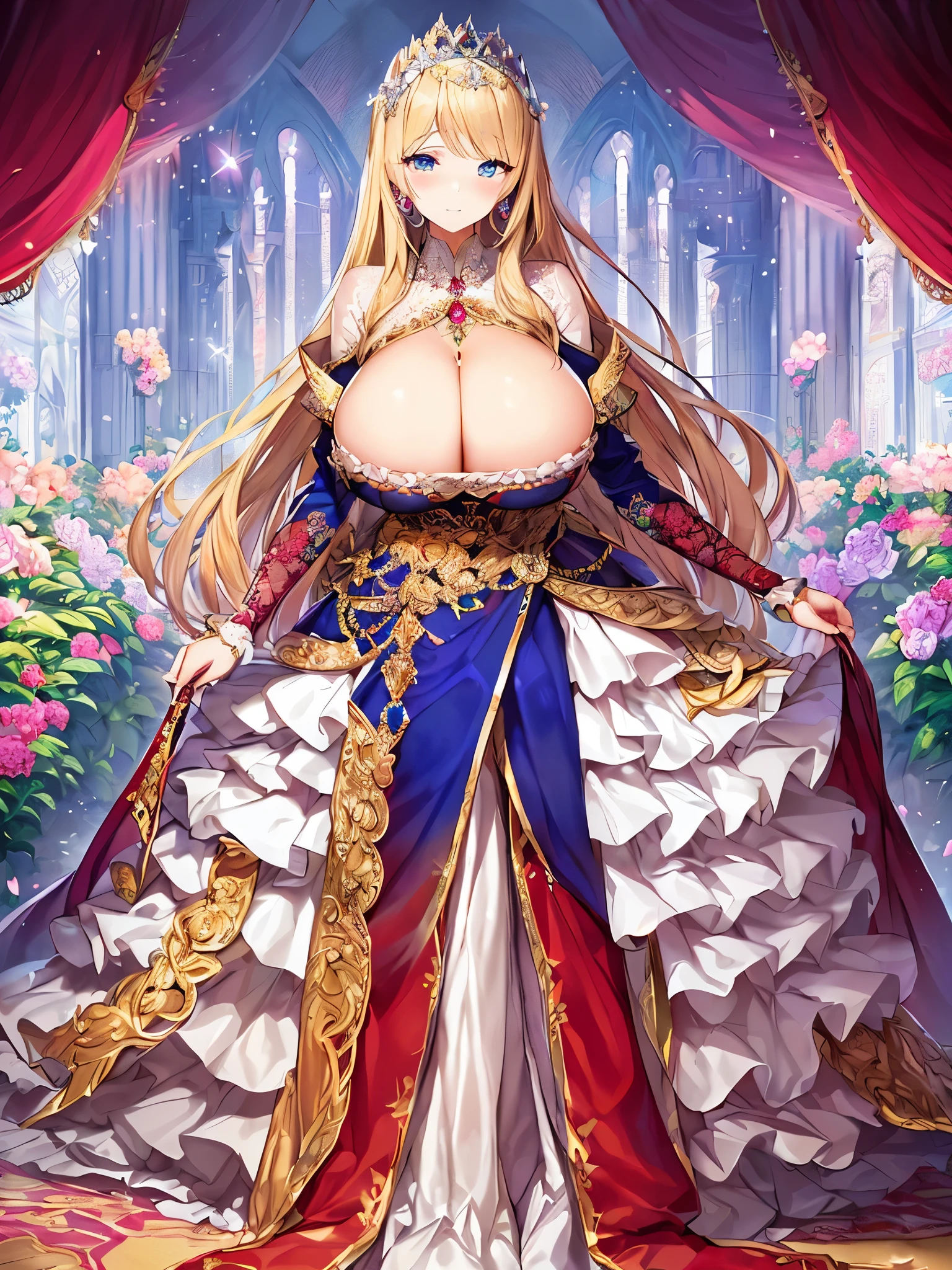 anime artstyle,Masterpiece,Best Quality,Super Detail,((Very Delicate and Beautiful)),((1 princess in beautiful embroidery and jeweled gorgeous rococo ballgown with voluminous crinoline hoop skirt)),((Solo)),Standing,((full body)),(((very very gigantic tits,long tits,sagging tits,skindentation))),cleavage,detailed face and eyes,jewel-like eyes,((extremely voluminous straight Hair,Extremely Long Straight Hair)),((gorgeousfull embroidery and lace,beautiful embroidery and jeweled)),Gorgeous Gemstone Jewelry,gorgeous corsage,gorgeous hair ornament,((gorgeous glitter jeweled tiara)),((full body)),((crinoline,Long train)),(Standing in luxury garden),,floating castle,flowers,flower petals flowing,Dynamic Angle,Looking at viewer,(((beautiful embroidery and jeweled gorgeous rococo ballgown with voluminous crinoline hoop skirt))),full body,