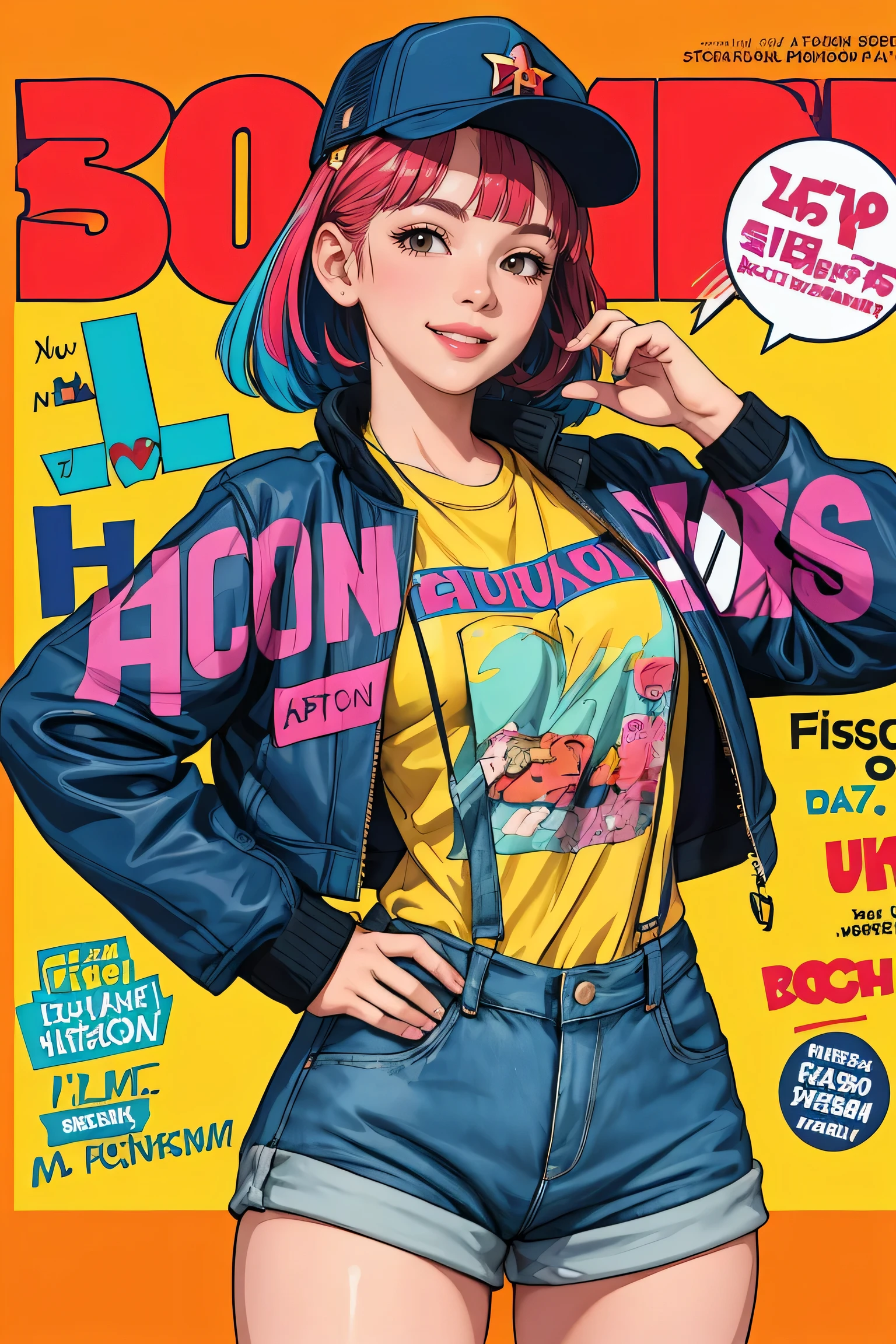 1girl, sfw, cap, shorts, jacket, (Magazine cover-style illustration of a fashionable woman in a vibrant outfit posing in front of a colorful and dynamic background. She has a confident expression and is striking a pose. The text on the cover should be bold and attention-grabbing, with the title of the magazine and a catchy headline. The overall style should be modern and trendy, with a focus on fashion and lifestyle), wallpaper, crowds, fashion, contrapposto, female focus, model, cool