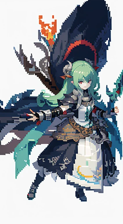 Pixel art close-up of a woman holding a sword, Being a badass monster hunter, proper style, Detailed pixel art, kirokaze pixel art, with leviathan axe, Armor girl, Wearing Monster Hunter Armor, With scaly armor, lapis lazuli solution, Genshin, Morrigan, dragon queen